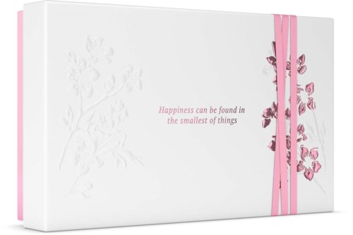 Eine weiße Box mit rosa Akzenten und einem Zitat: "Glück findet sich in den kleinsten Dingen."