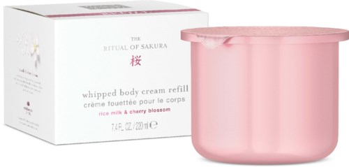 Rosa Behälter und Verpackung für Körpercreme, mit Kirschblüten-Design.