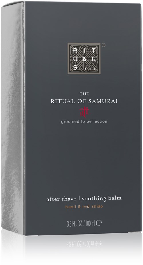 En mörk box med silverkanter, märkt 'The Ritual of Samurai' aftershave-tablett för män, med doftikoner och beskrivande text.
