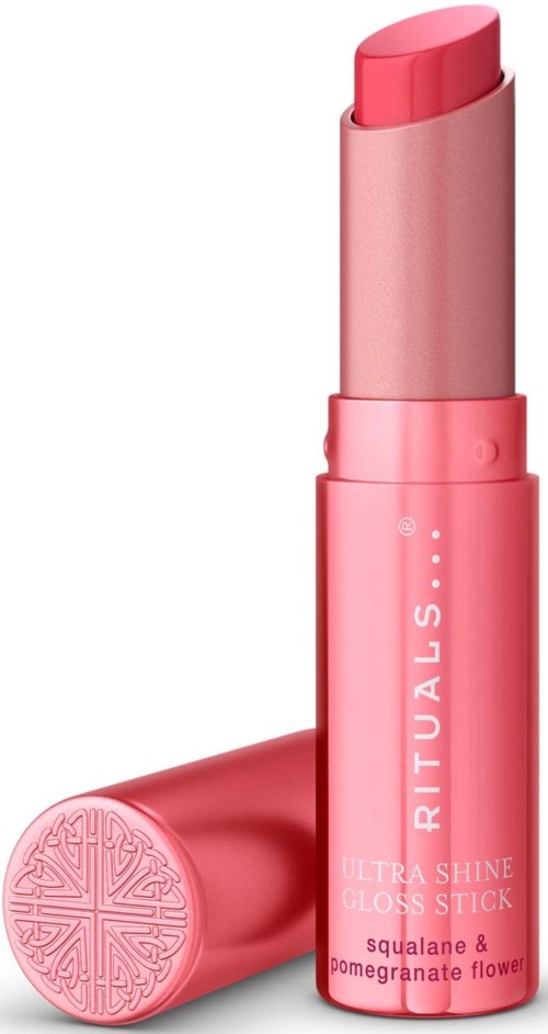Pink lipstick stick with a silver cap and Natural ingredients logo, labeled Ultra Shine Gloss Stick in a pink tube.