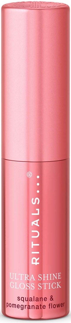 Pink lip gloss stick with white lettering, labeled Rituals Ultra Shine Gloss Stick with squalane and pomegranate flower.