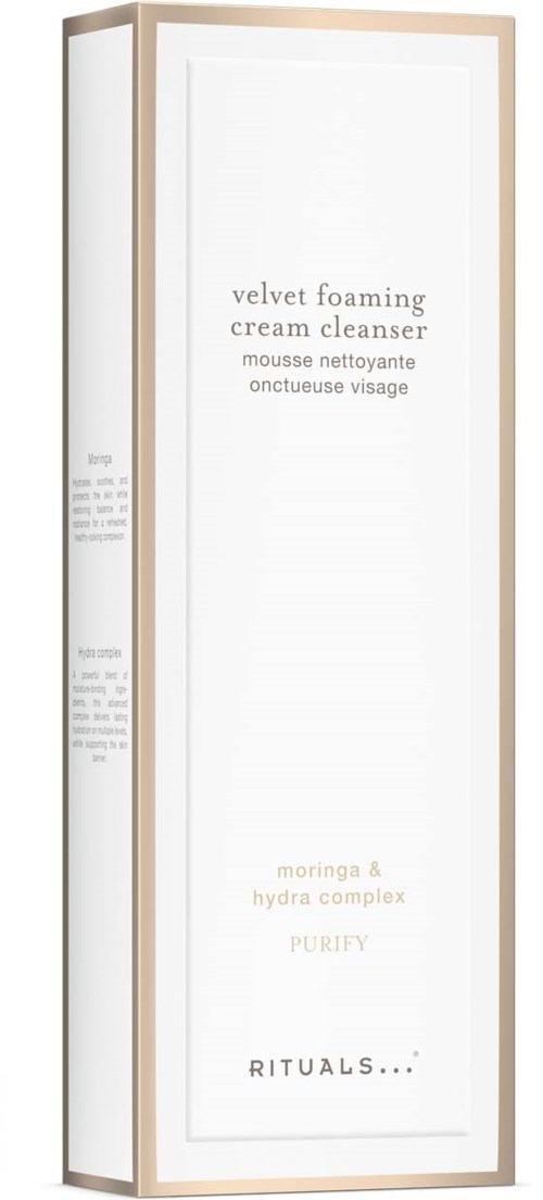 En lang hvit eske med enkeltekst som beskriver en skumrens med moringa og hydrakompleks, med en trelist.