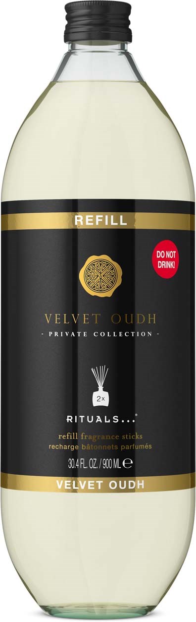 Påfyllingsflaske for Rituals Velvet Oud duftestikker med svart og gull etikett og en rød advarselsmerking.