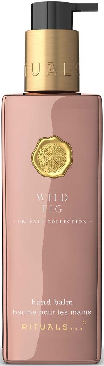 En rosa håndbalmen flaske med svart pumpe og gullhette, merket Rituals Wild Fig.