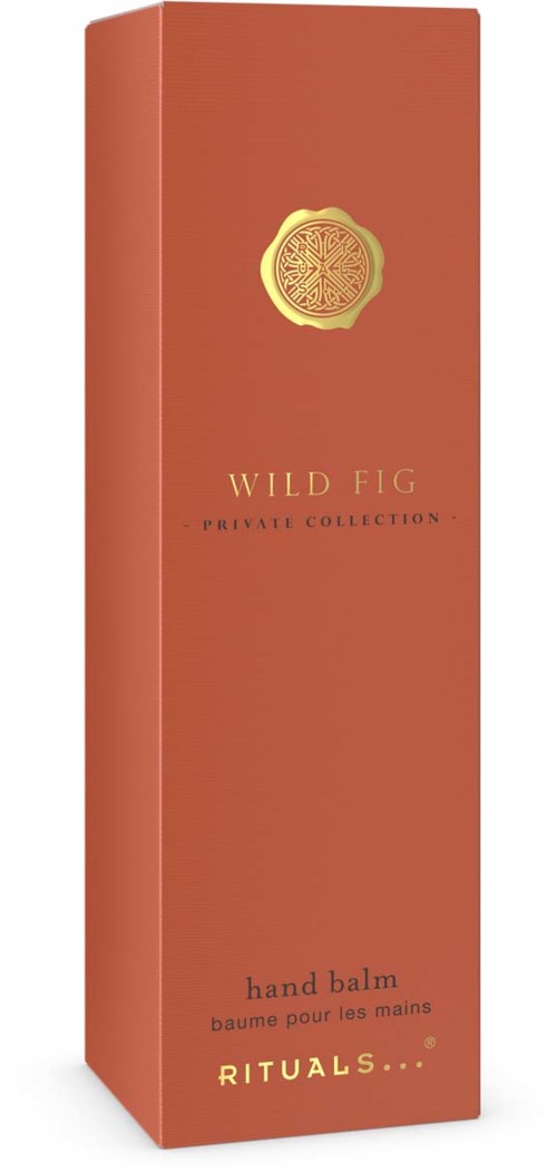 En høy, rektangulær oransje eske med gullmerke og tekst for Wild Fig håndbalm av Rituals.