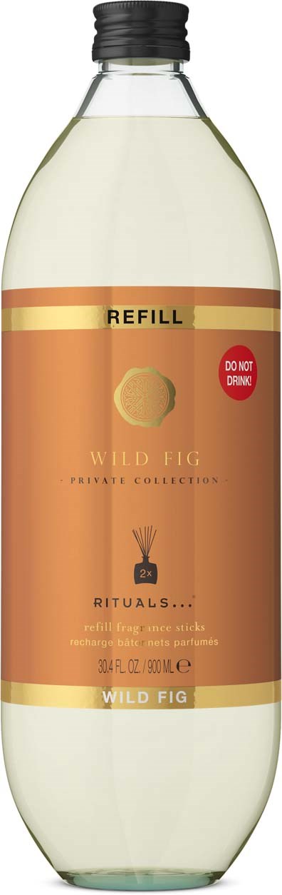 Påfyllingsflaske for Wild Fig duftende håndsåpe, med svart lokk og oransje etikett.