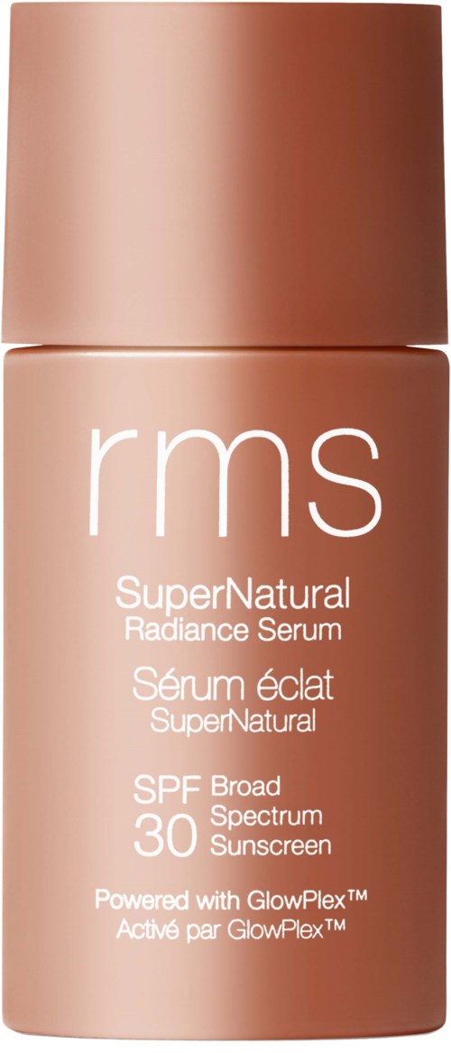 Eine Flasche RMS SuperNatural Radiance Serum mit SPF 30 in beiger Verpackung.