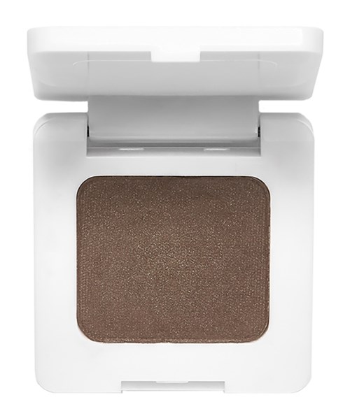 Eine weiße Make-up-Compact mit braunem Puder und Spiegel oben.
