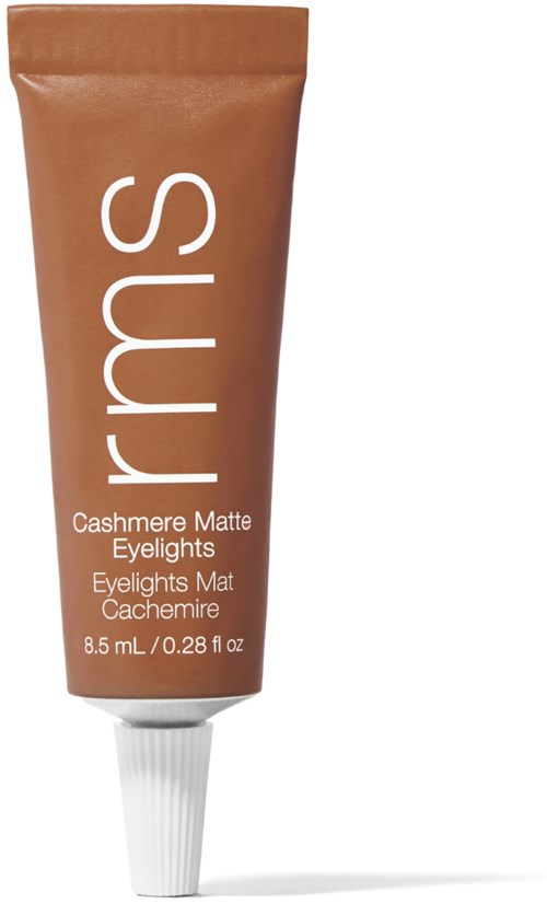 Eine Tube mit brauner Cashmere-Matt-Lidschatten mit weißen Text, zeigt Produktname und Volumen.