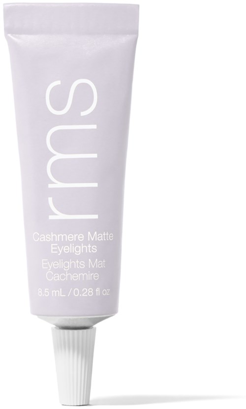 Ein weißer Tub mit lila Schrift, gekennzeichnet als 'Cashmere Matte Eyelights' mit 8,5 ml Make-up.