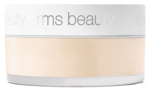 Ein Behälter mit RMS Beauty Produkt in Weiß, Beigefarben und Hellgrau, mit Markennamen.