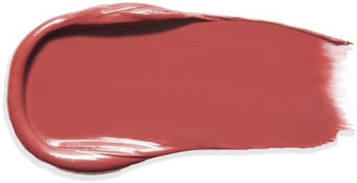Ein Klecks rosa-braunen Lippenstift mit gebogener Kante und glatter Textur auf weißem Hintergrund.