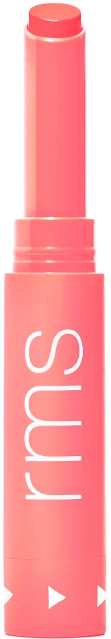 Rosa Lippenstift- oder Lipbalm-Röhre mit drehbarem Stick und Markenname 'rms'.