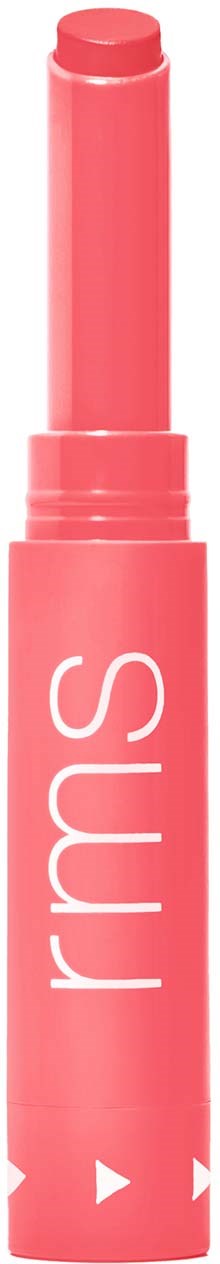 Ein pinkfarbener Lippenstift mit den Buchstaben "rms" auf der Tube, zeigt den Lippenstift teilweise rausgezogen.