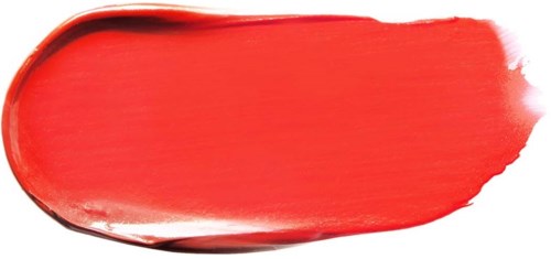 Ein roter Lippenstiftstrich auf schwarzem Hintergrund. Die Form ist unregelmäßig mit glänzender Oberfläche.