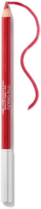 Ein roter Lippenkonturenstift mit einer geschwungenen roten Linie vor schwarzem Hintergrund.