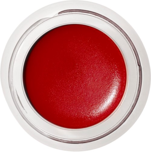 Ein runder Behälter mit roter, glänzender Farbe darin. Der Behälter hat einen klaren Deckel. Die rote Farbe sieht glatt aus.