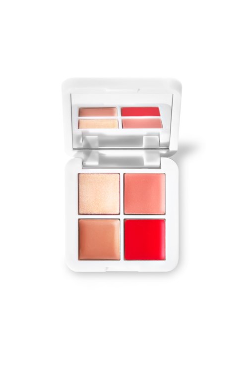 Eine kleine Make-up-Palette mit vier Rottönen und Beige, geöffnet, um die Farben zu zeigen.