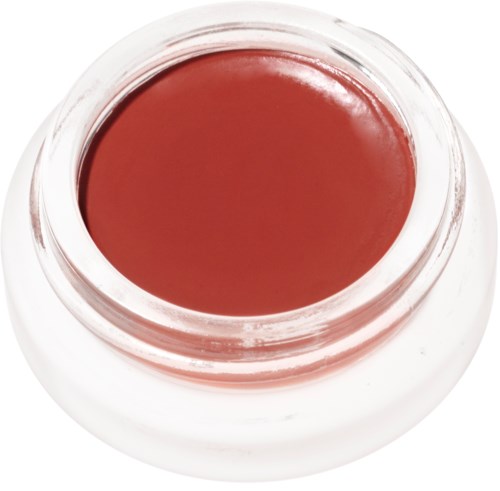 Ein kleiner Behälter mit rotbraunem Lippenstift oder Gel, glatte Oberfläche. Der Behälter ist durchsichtig und zeigt das Produkt.