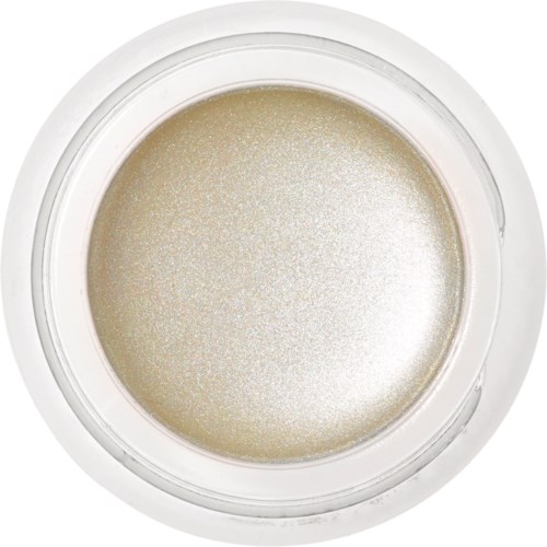 Ein runder Behälter mit schimmernder, puderartiger Creme darin. Der Behälter ist weiß mit einem transparenten Deckel.