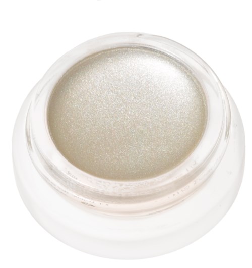 Kleiner offener Behälter mit schimmerndem weißen oder silbernen Lidschatten oder Creme.