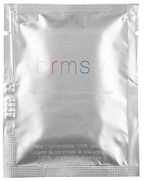 Ein silbernes Paket mit Make-up-Entfernungstüchern mit dem Namen 'brmsy'.