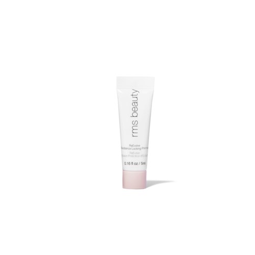 En liten tub med rms beauty-produkter i vitt och rosa som står upprätt.
