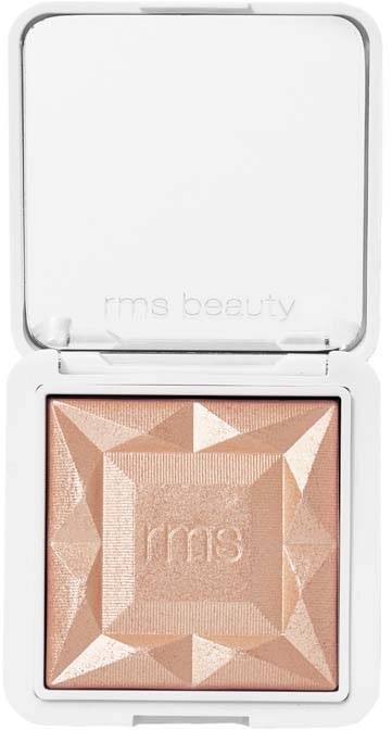 Ein Make-up-Kompakt mit geometrischem Muster auf dem Puder und einem weißen Gehäuse. Die Marke 'rms' ist sichtbar auf dem Puder.
