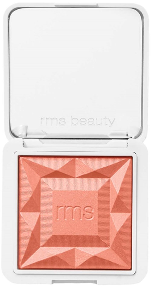 Ein quadratischer Make-up-Blush mit geometrischem Muster und dem Markennamen 'rms' in einem weißen Gehäuse.