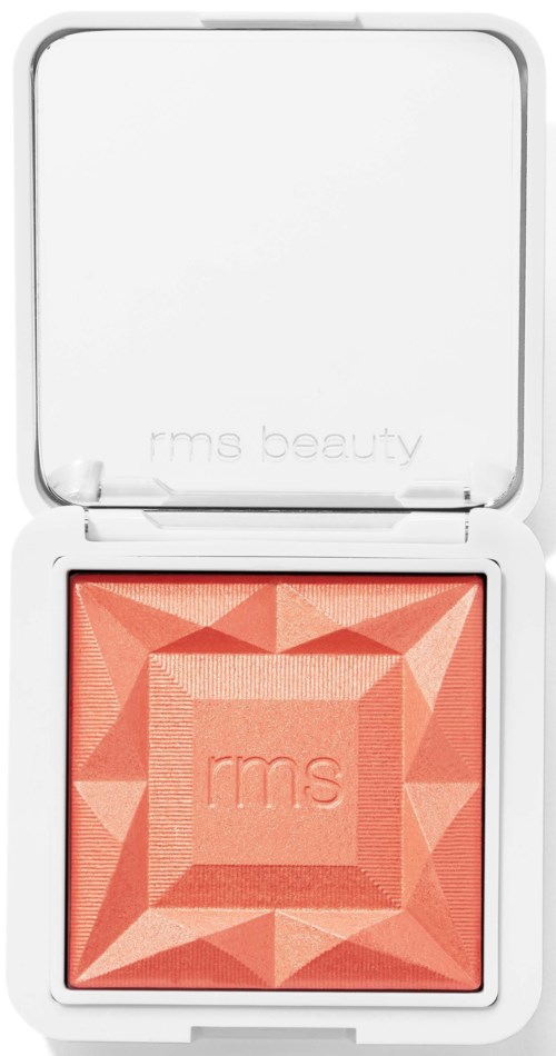 Ein kompakter Make-up-Blush in einem weißen Case mit geometrischem Design und "rms beauty" im Inneren.