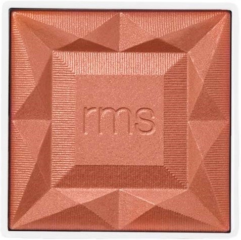Ein rosa-brauner quadratischer Make-up-Blush mit geometrischen Mustern und "rms" in der Mitte.