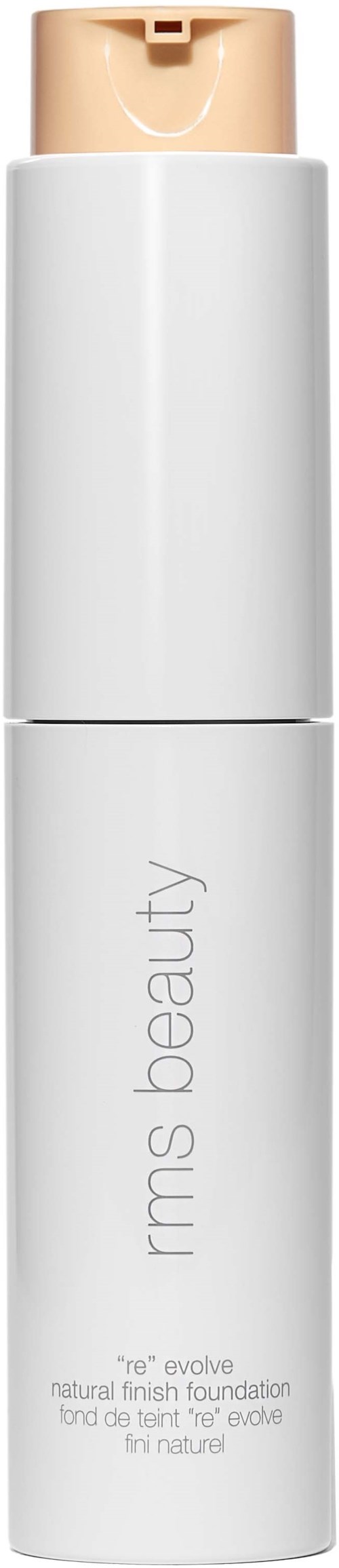 Eine weiße Flasche mit beigem Deckel, beschriftet "rms beauty," enthält flüssigen Foundation.