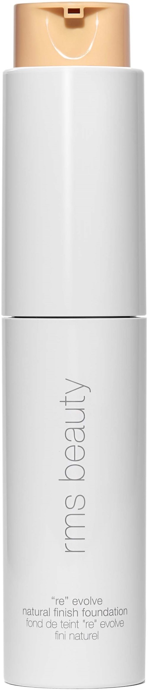Eine weiße Flasche mit beigem Deckel beschriftet 'rms beauty re evole'. Es ist eine natürliche Deckkraft-Grundierung.