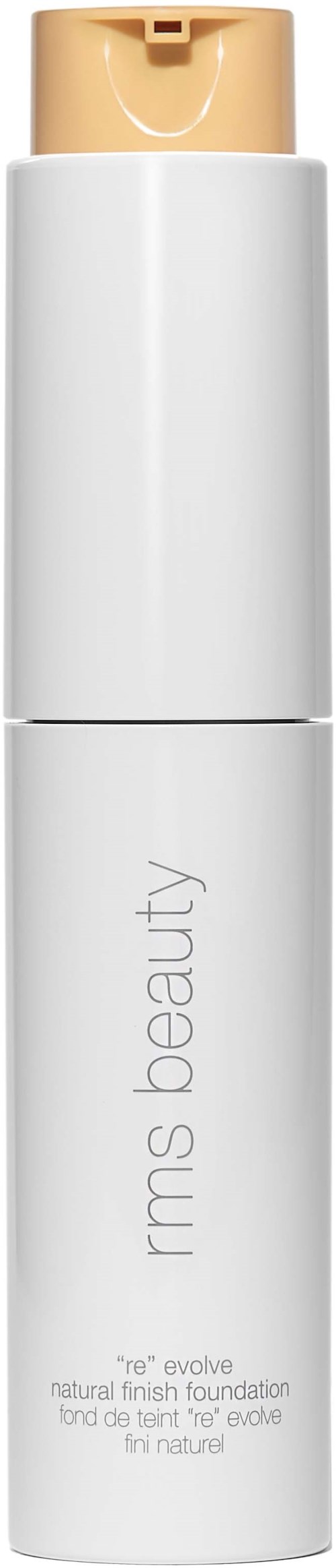 Weiße Flasche mit beigem Deckel, beschriftet 'rms beauty' und 're evolve', Make-up-Produkt.