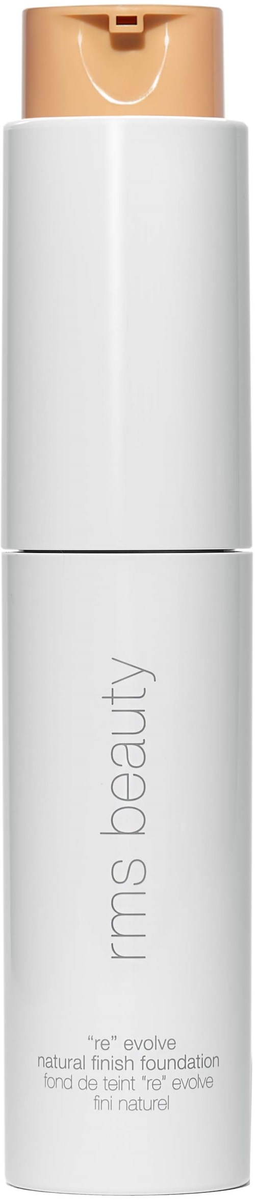 Eine weiße zylindrische Flasche mit beigem Pumpkopf, beschriftet 'rms beauty' und 're feathered.'