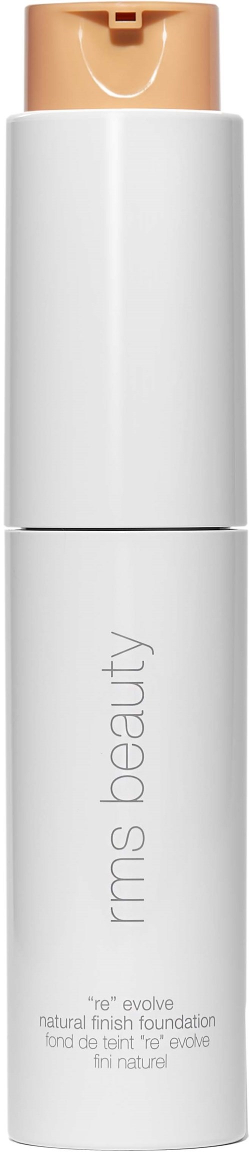 Eine lange, weiße Flasche mit Pumpe, gekennzeichnet RMS Beauty, enthält natürliche Foundation.
