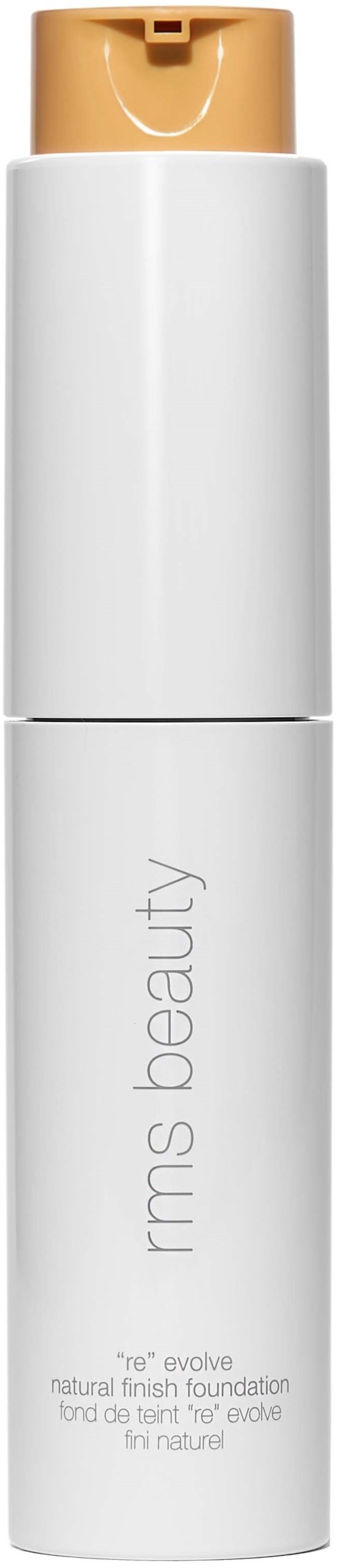 En vit flaska med beige lock, märkt 'rms beauty' och 'natural finish foundation'.