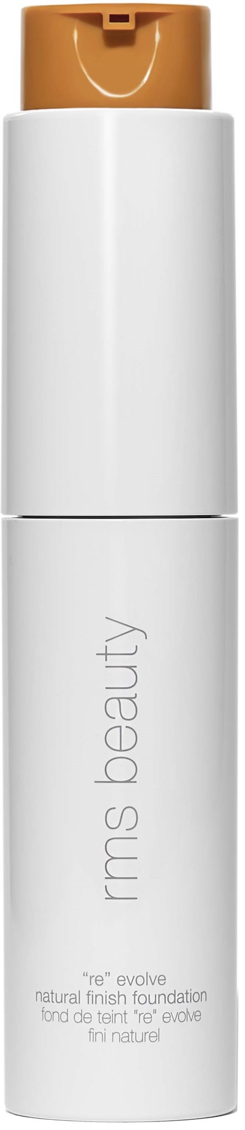 Eine lange weiße Flasche mit braunem Deckel, beschriftet 'rms beauty' und Produktdetails darunter.