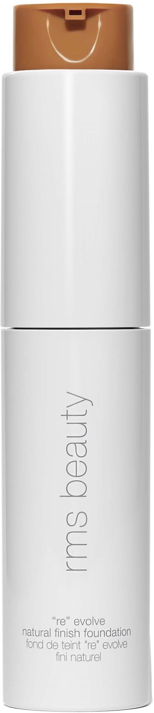 Eine weiße Flasche mit braunem Deckel, beschriftet 'rms beauty', enthält flüssige Foundation.
