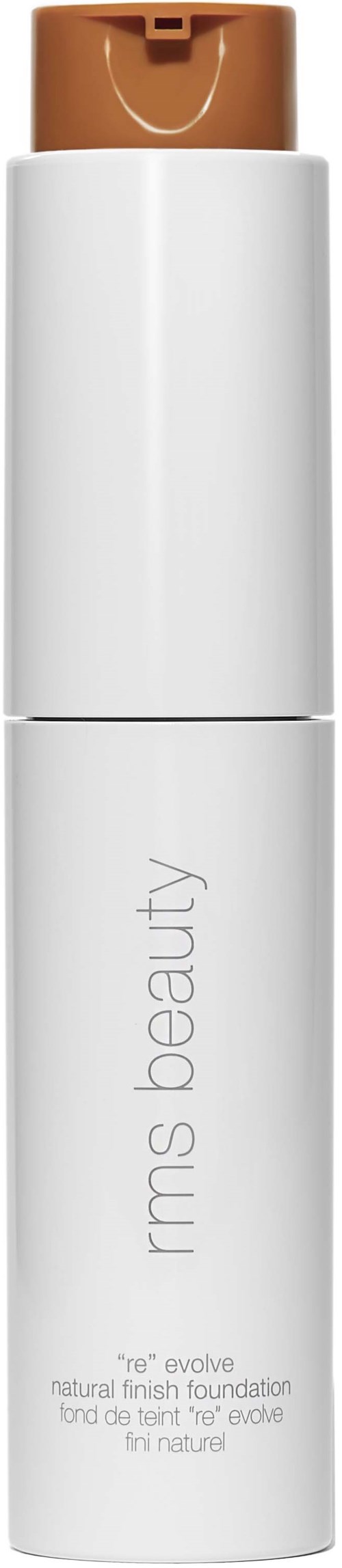 En vit flaska med brunt pumplock, märkt 'rms beauty' och 'natural finish foundation'.
