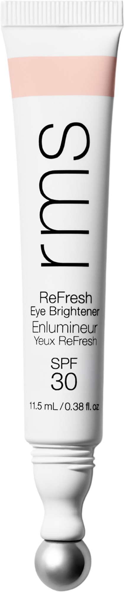 Eine weiße Tube mit pinkem und schwarzem Text. Beschriftet RMS ReFresh Eye Brightening Enlumineur SPF 30. Enthält 11,5 ml.