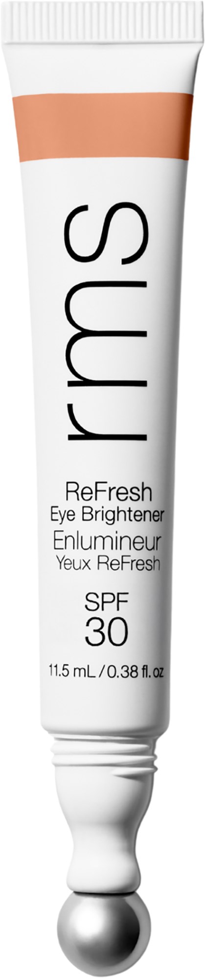 Eine weiße Tube mit beiger Linie oben und schwarzem Text erwähnt Augenaufhellung mit SPF 30.