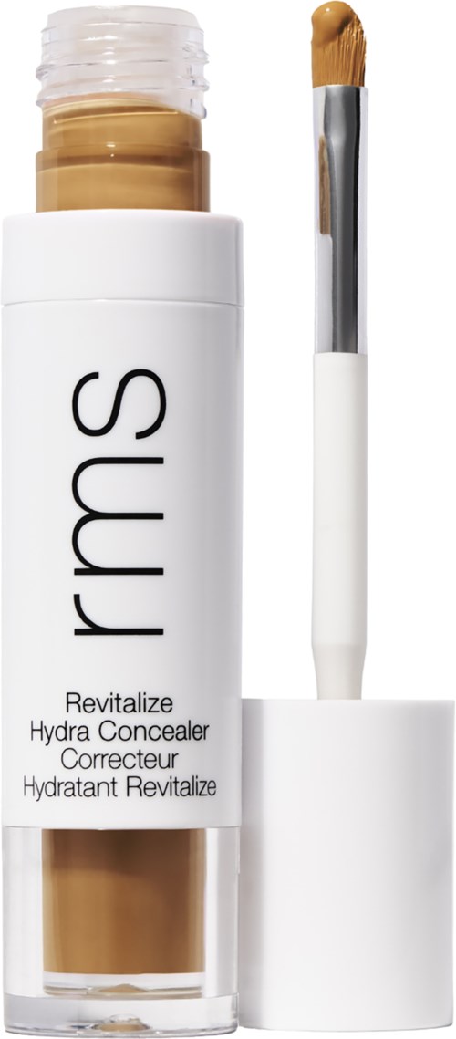 Ein Abdeckstift mit Pinsel, beschriftet mit 'rms Revitalize Hydra Concealer' in schwarzem Text auf Weiß.