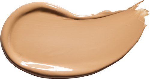 Creme-farbener Make-up-Grundierung Muster mit Pinsel, gebogene Form, glatte Textur, auf schwarzem Hintergrund.