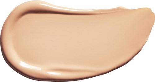Ein beige Foundationswabbe mit glatter, leicht gewölbter Anwendung und glänzendem Finish.