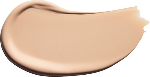 Ein beige flüssiger Foundation-Probe, gleichmäßig verteilt mit einer gebogenen Kante auf weißem Hintergrund.