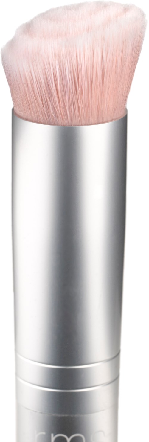 A makeup brush with pink bristles and a silver handle.