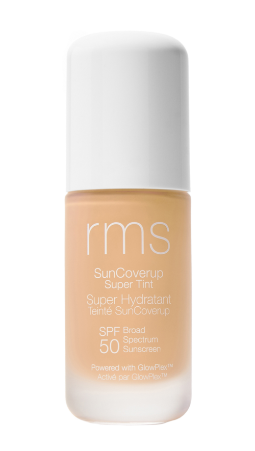 A bottle of RMS SunCoverup Super Tint sunscreen with SPF 50, beige liquid, white cap.
