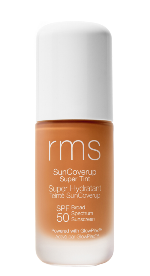 A small bottle of RMS SunCoverup Super Hydrant sunscreen with SPF 50. White cap, brownish-orange liquid inside.