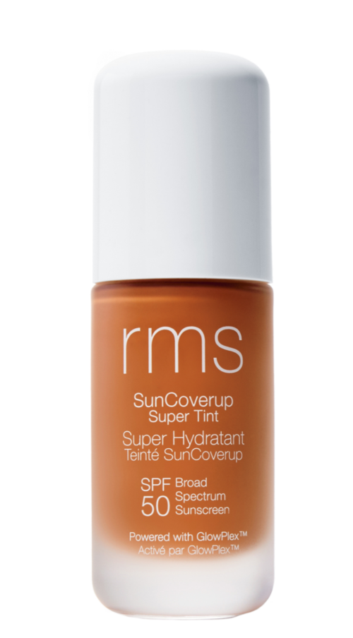 A brown liquid sunscreen bottle with a white cap, labeled 'rms SunCoverup Super Tint SPF 50 Broad Spectrum' with white text.